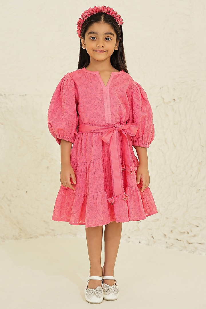 Pink Cotton Embroidered Boho Dress For Girls by Tribe Kids