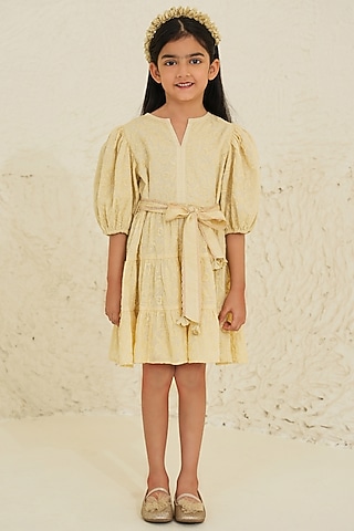Ecru Cotton Embroidered Boho Dress For Girls by Tribe Kids