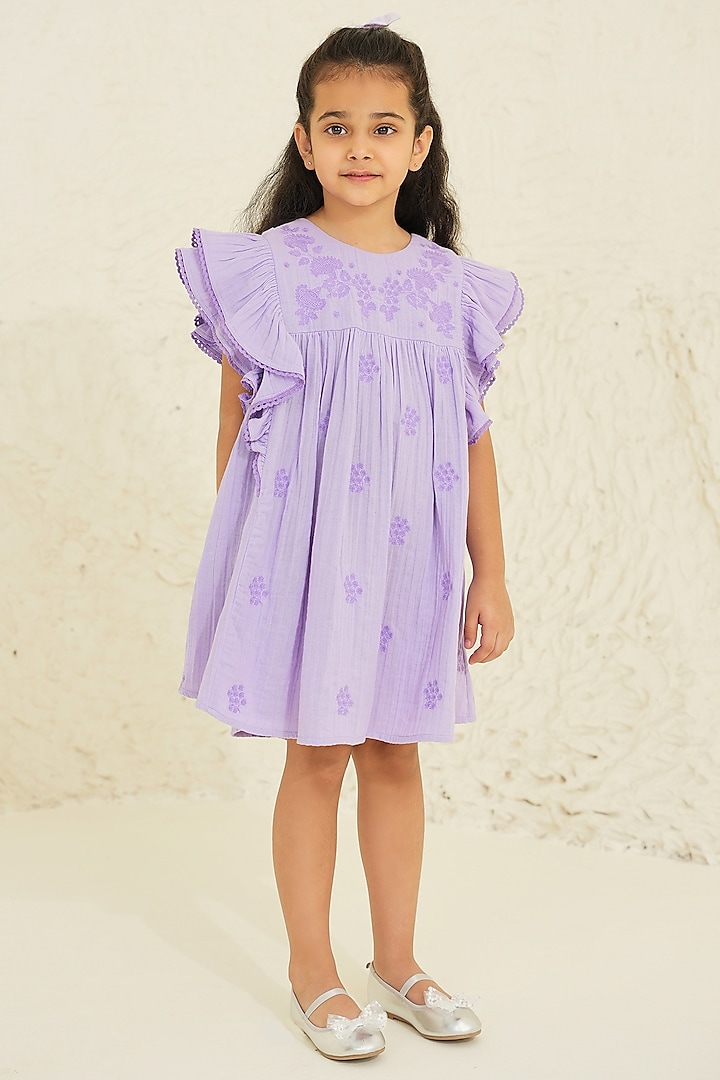 Purple Cotton Embroidered Boho Dress For Girls by Tribe Kids
