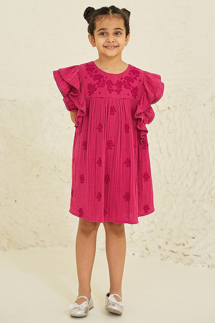 Magenta Cotton Embroidered Boho Dress For Girls by Tribe Kids at Pernia's Pop Up Shop