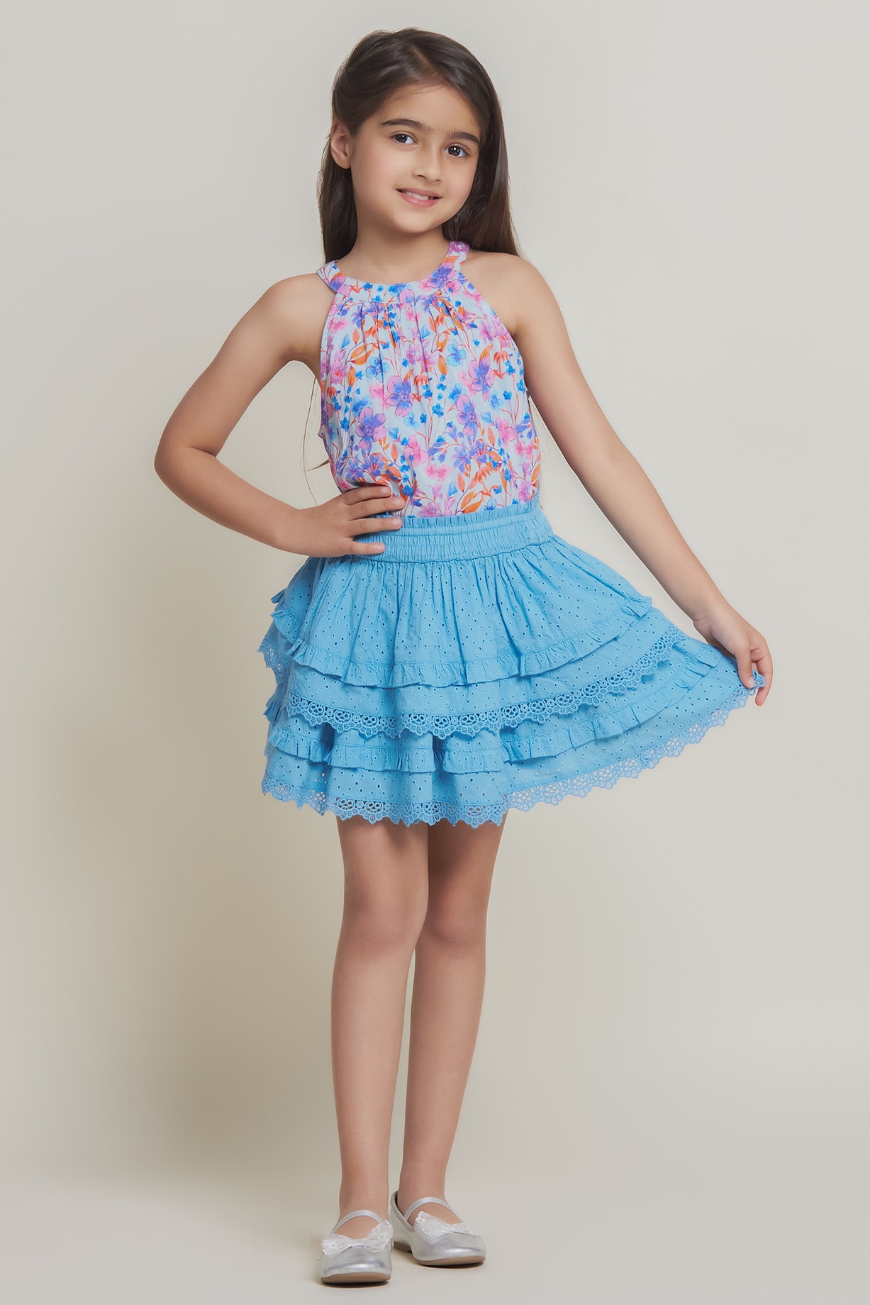 Blue Pure Cotton Schiffli Embroidered Frilled Skirt For Girls by
