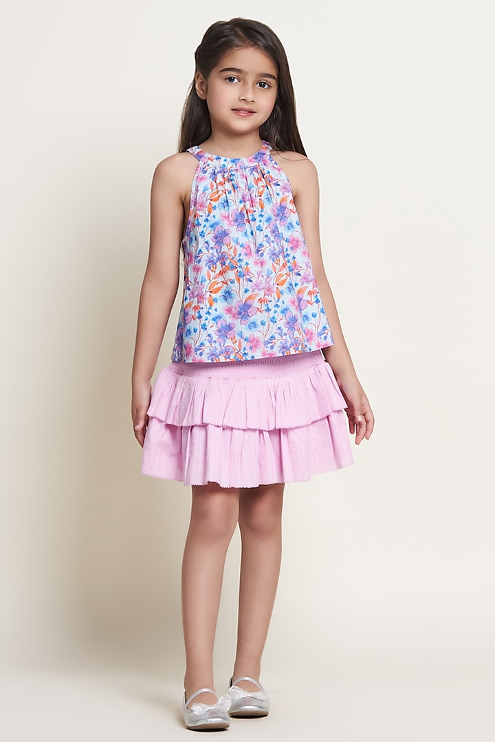 Blue Cambric Floral Printed Top For Girls by Tribe Kids at Pernia's Pop Up Shop