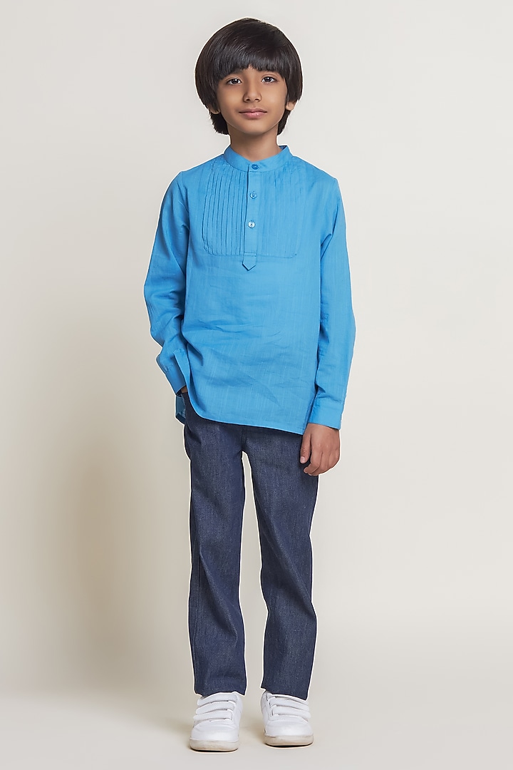 Blue Pure Cotton Floral Printed Shirt For Boys by Tribe Kids at Pernia's Pop Up Shop