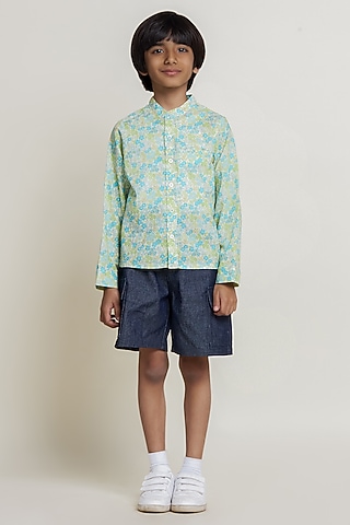 Green Cambric Floral Printed & Embroidered Shirt For Boys by Tribe Kids