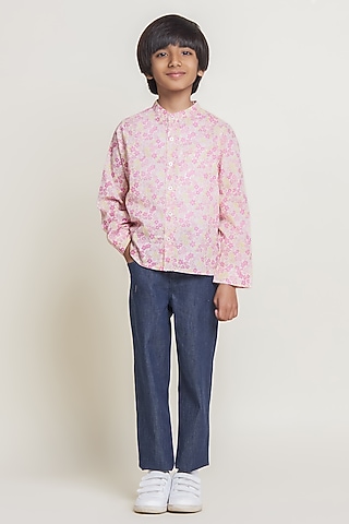 Pink Cambric Floral Printed & Embroidered Shirt For Boys by Tribe Kids