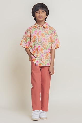 Orange Cambric Floral Printed & Embroidered Shirt For Boys by Tribe Kids