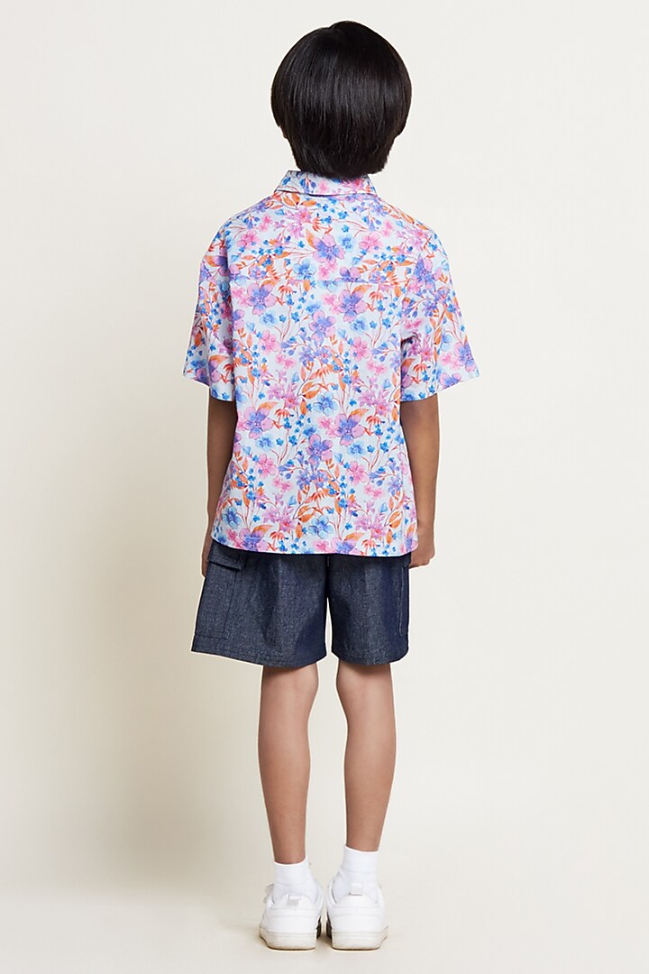 Blue Cambric Floral Printed & Embroidered Shirt For Boys by Tribe Kids at Pernia's Pop Up Shop