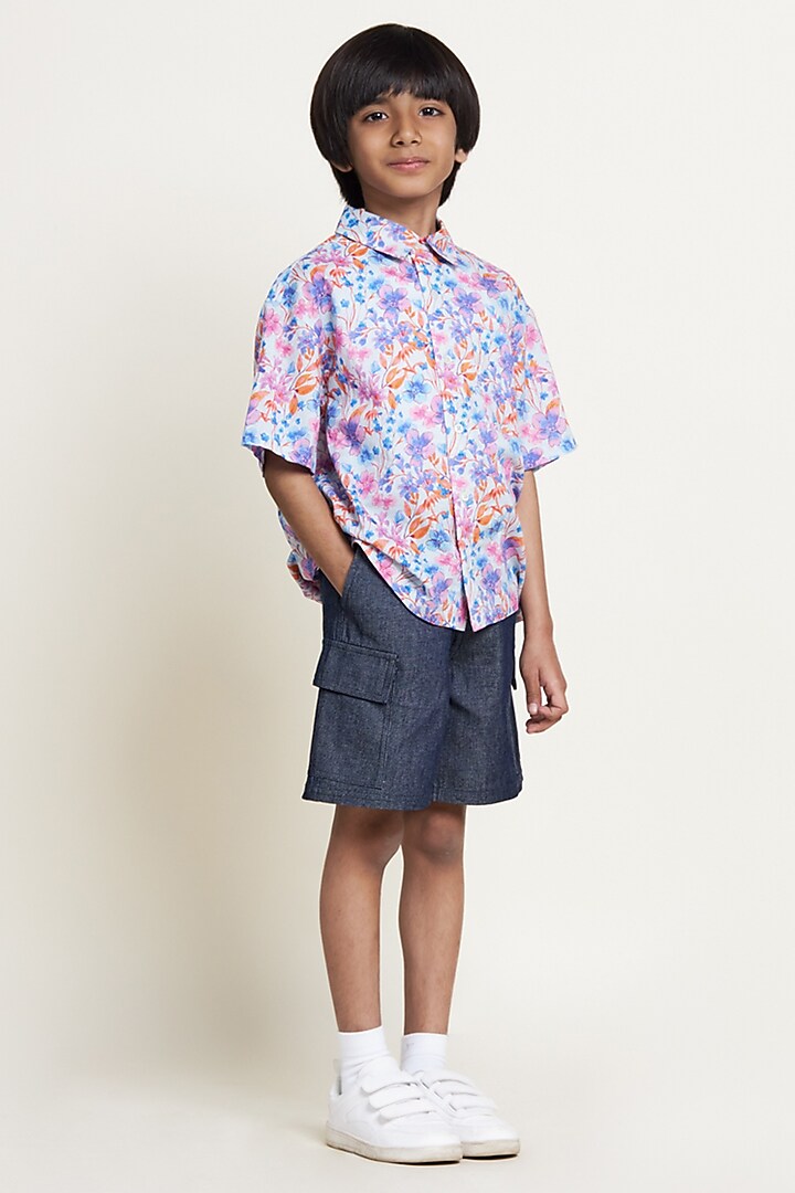 Blue Cambric Floral Printed & Embroidered Shirt For Boys by Tribe Kids at Pernia's Pop Up Shop
