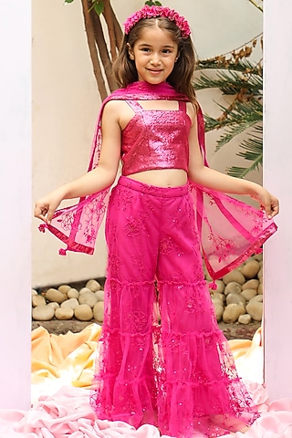 Fuchsia Sparkle Tulle Sharara Set For Girls by Tribe Kids