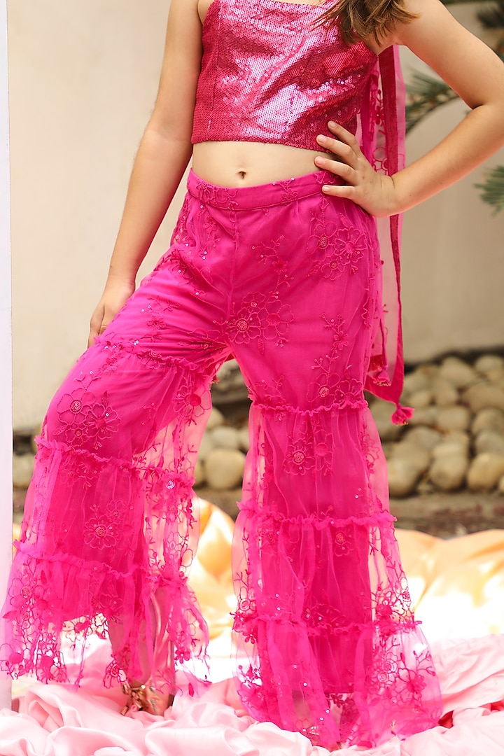 Fuchsia Sparkle Tulle Sharara Set For Girls by Tribe Kids at Pernia's Pop Up Shop