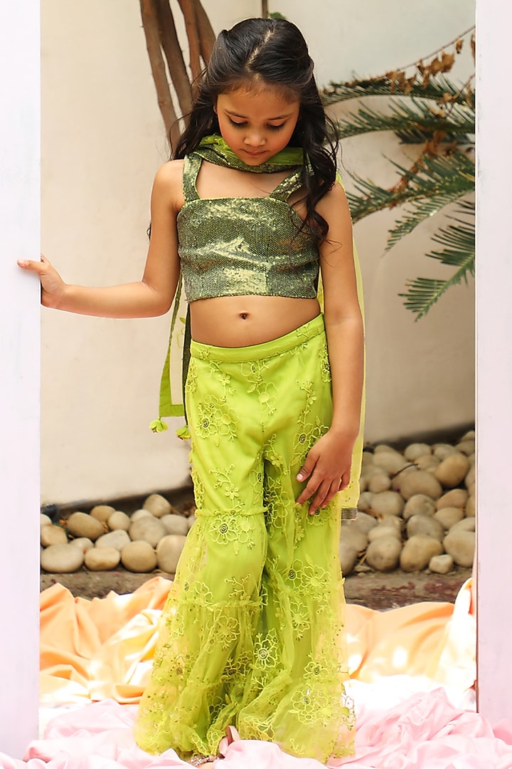 Green Sparkle Tulle Sharara Set For Girls by Tribe Kids