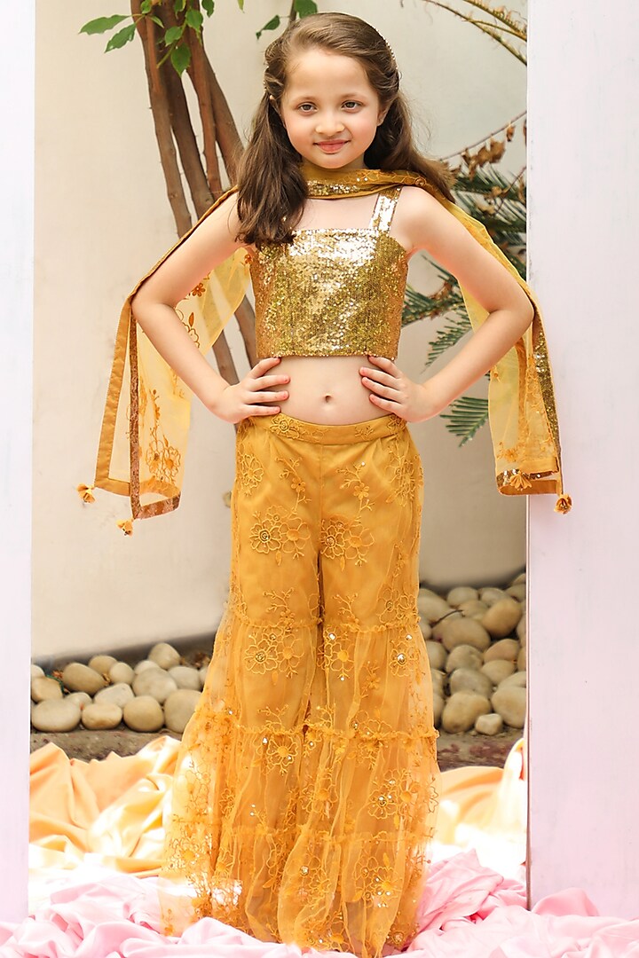 Yellow Sparkle Tulle Sharara Set For Girls by Tribe Kids