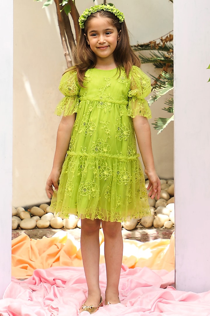 Green Embroidered Dress For Girls by Tribe Kids