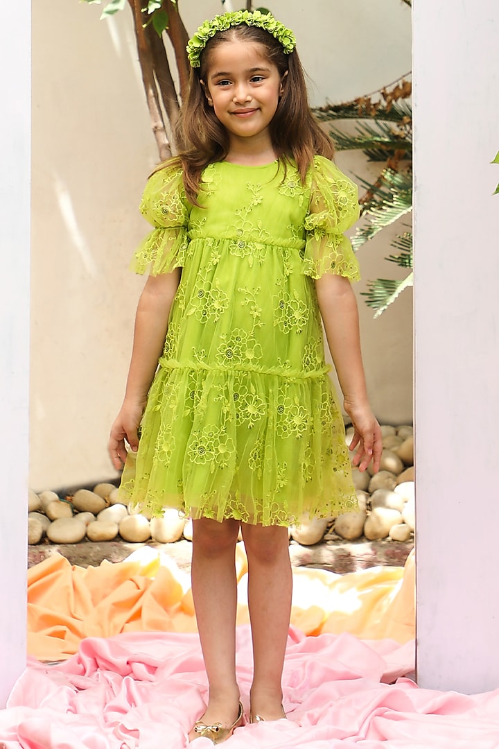 Green Embroidered Dress For Girls by Tribe Kids at Pernia's Pop Up Shop