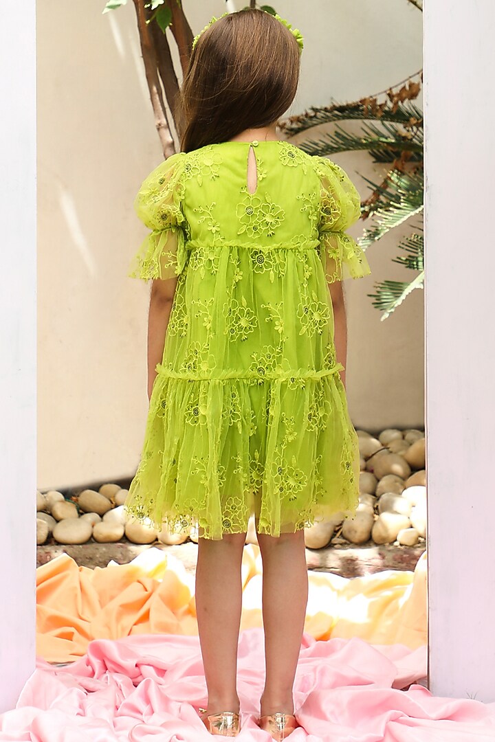 Green Embroidered Dress For Girls by Tribe Kids at Pernia's Pop Up Shop