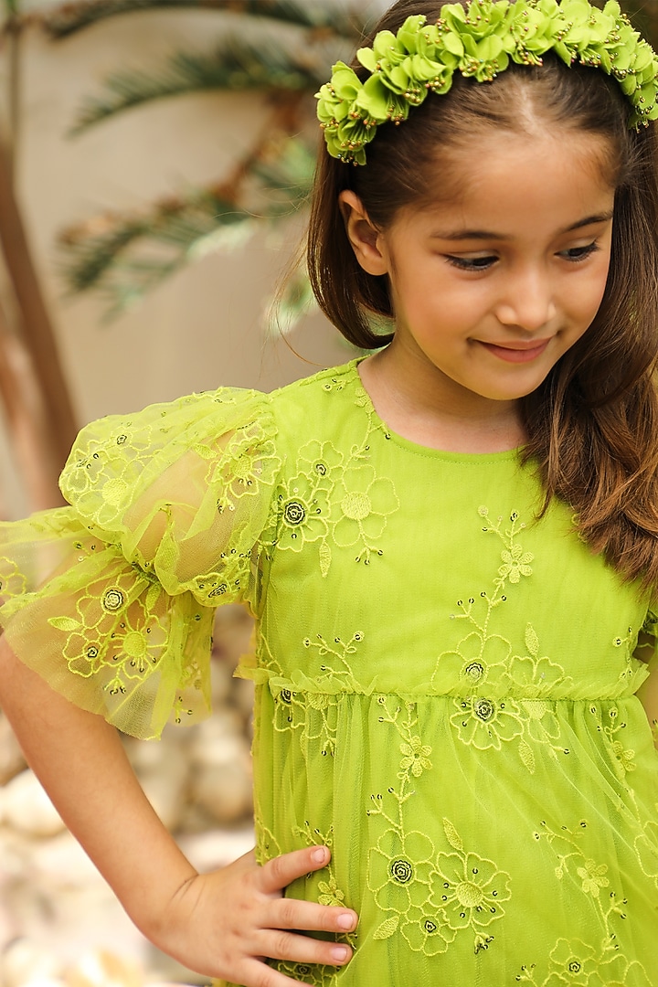 Green Embroidered Dress For Girls by Tribe Kids at Pernia's Pop Up Shop