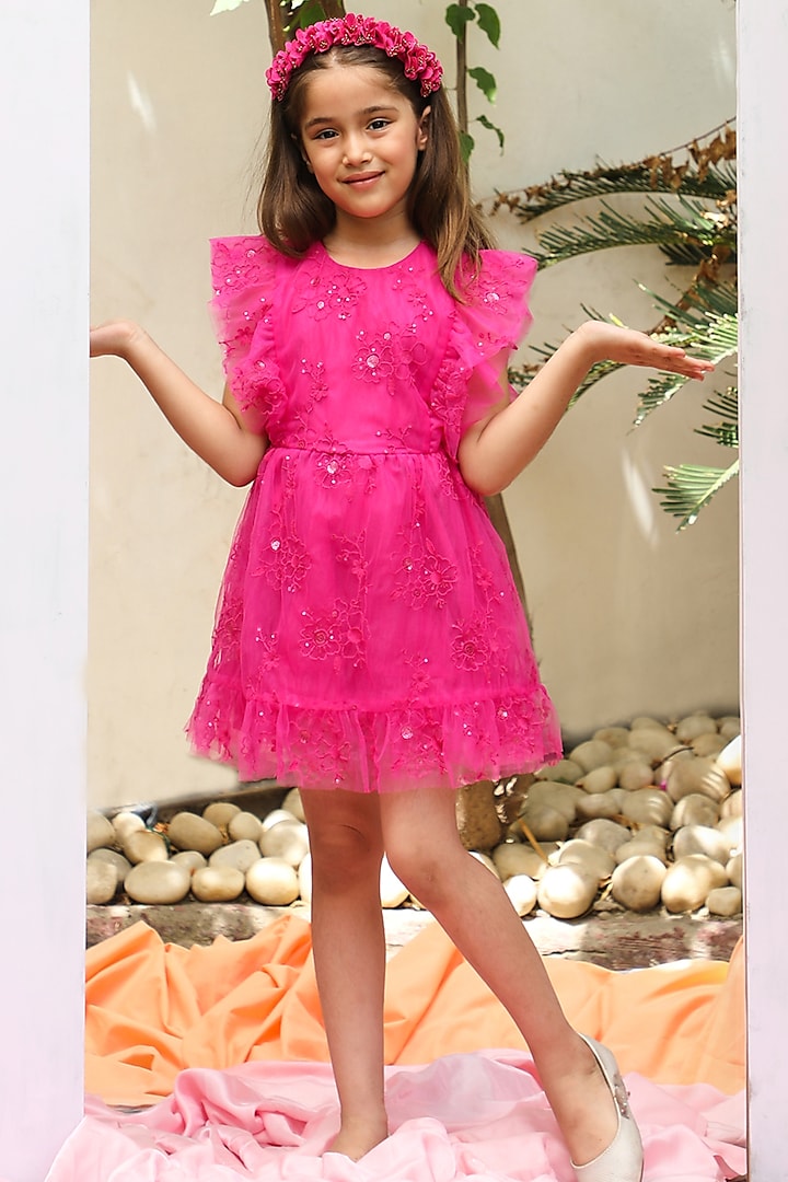 Fuchsia Tulle Embroidered Dress For Girls by Tribe Kids