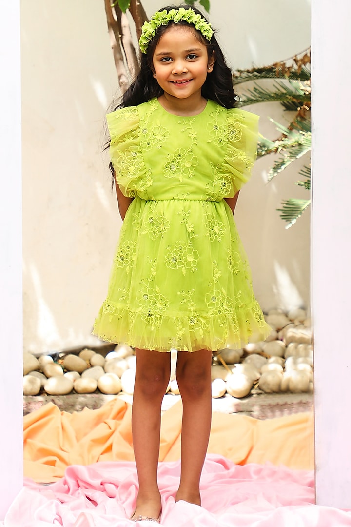 Green Tulle Embroidered Dress For Girls by Tribe Kids