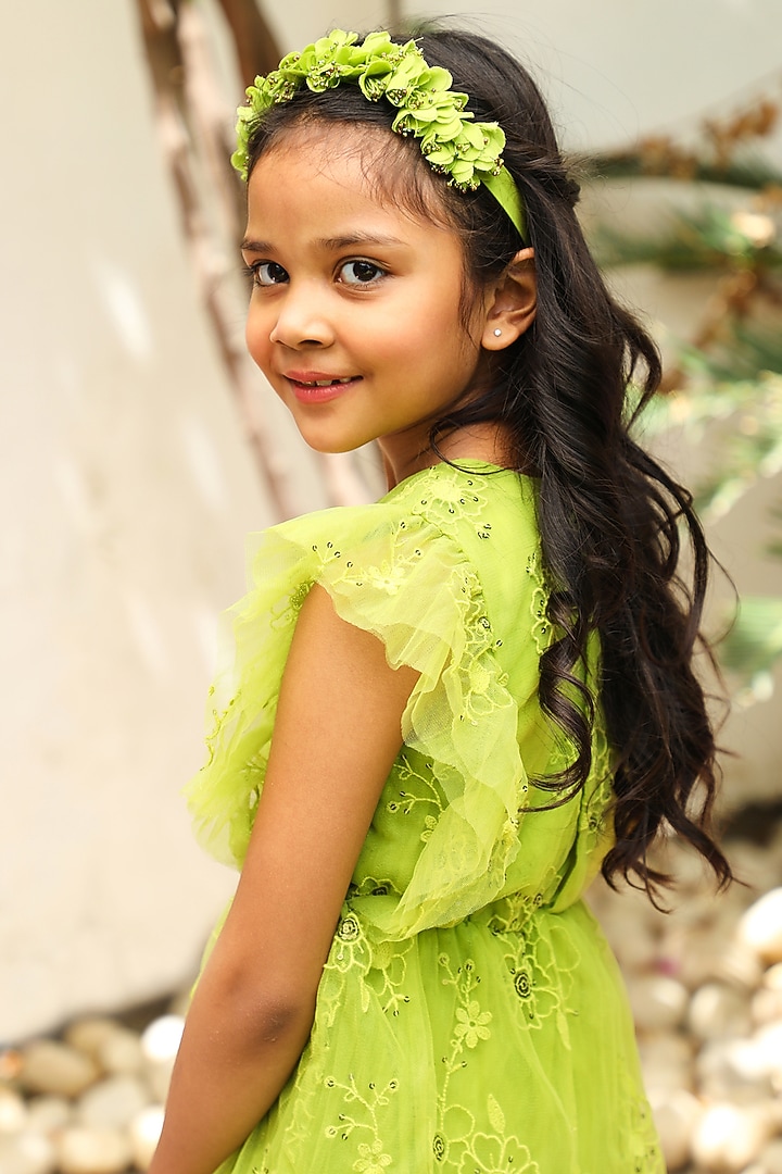 Green Tulle Embroidered Dress For Girls by Tribe Kids at Pernia's Pop Up Shop