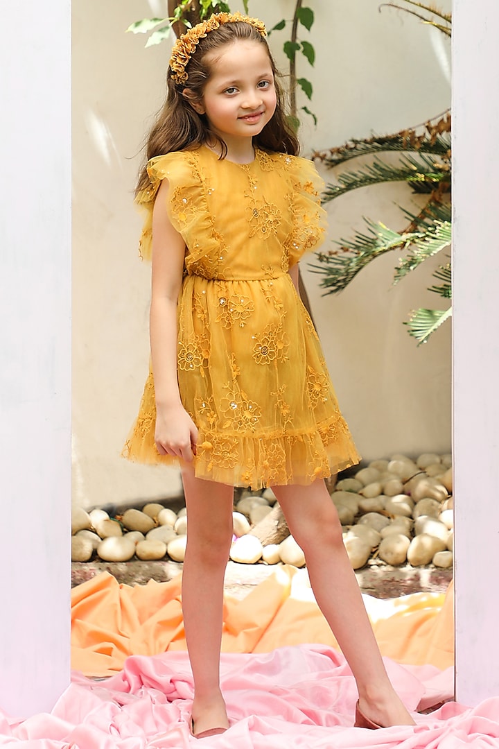 Yellow Tulle Embroidered Dress For Girls by Tribe Kids