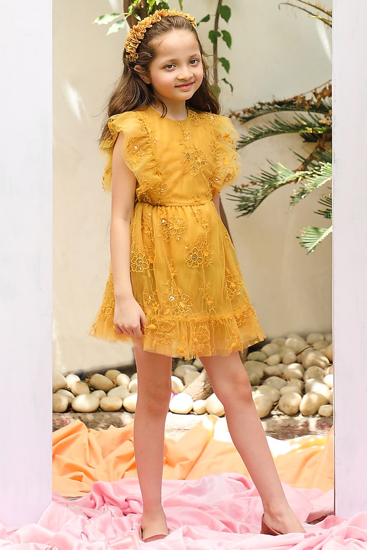 Yellow Tulle Embroidered Dress For Girls by Tribe Kids at Pernia's Pop Up Shop