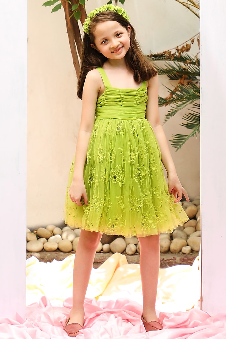Green Floral Embroidered Dress For Girls by Tribe Kids