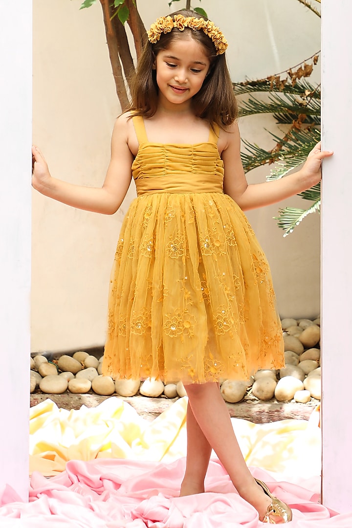 Yellow Floral Embroidered Dress For Girls by Tribe Kids