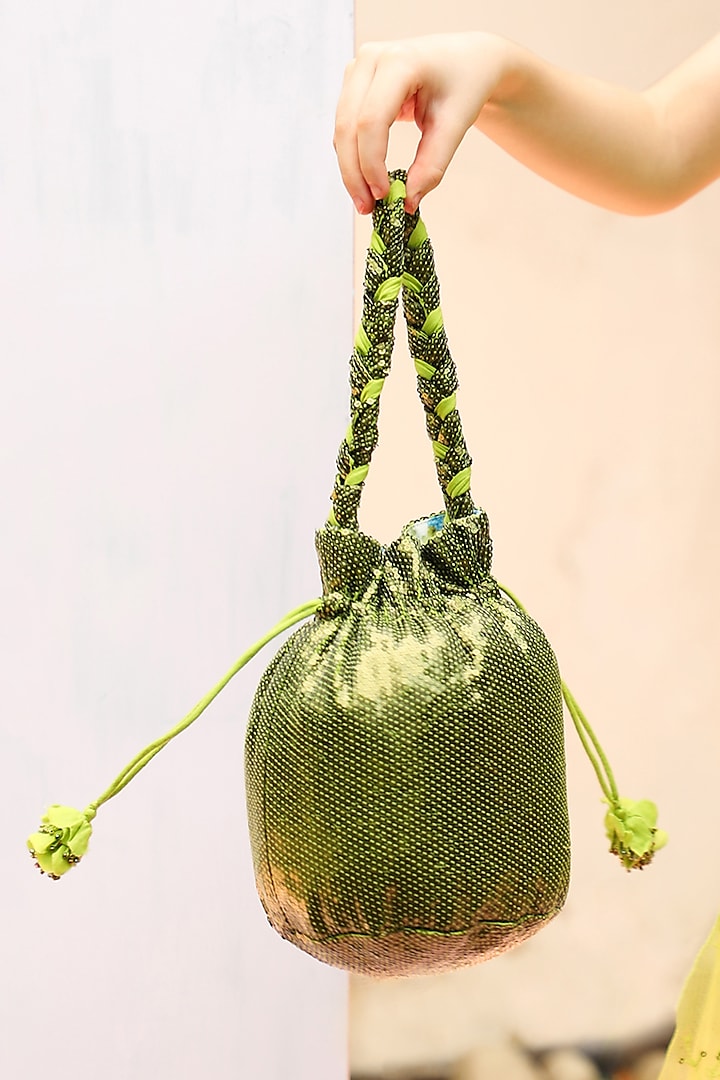 Green Embroidered Potli Bag For Girls by Tribe Kids