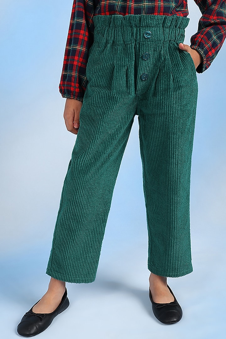 Green Cotton Blend Gathered Pant For Girls by Tribe Kids at Pernia's Pop Up Shop