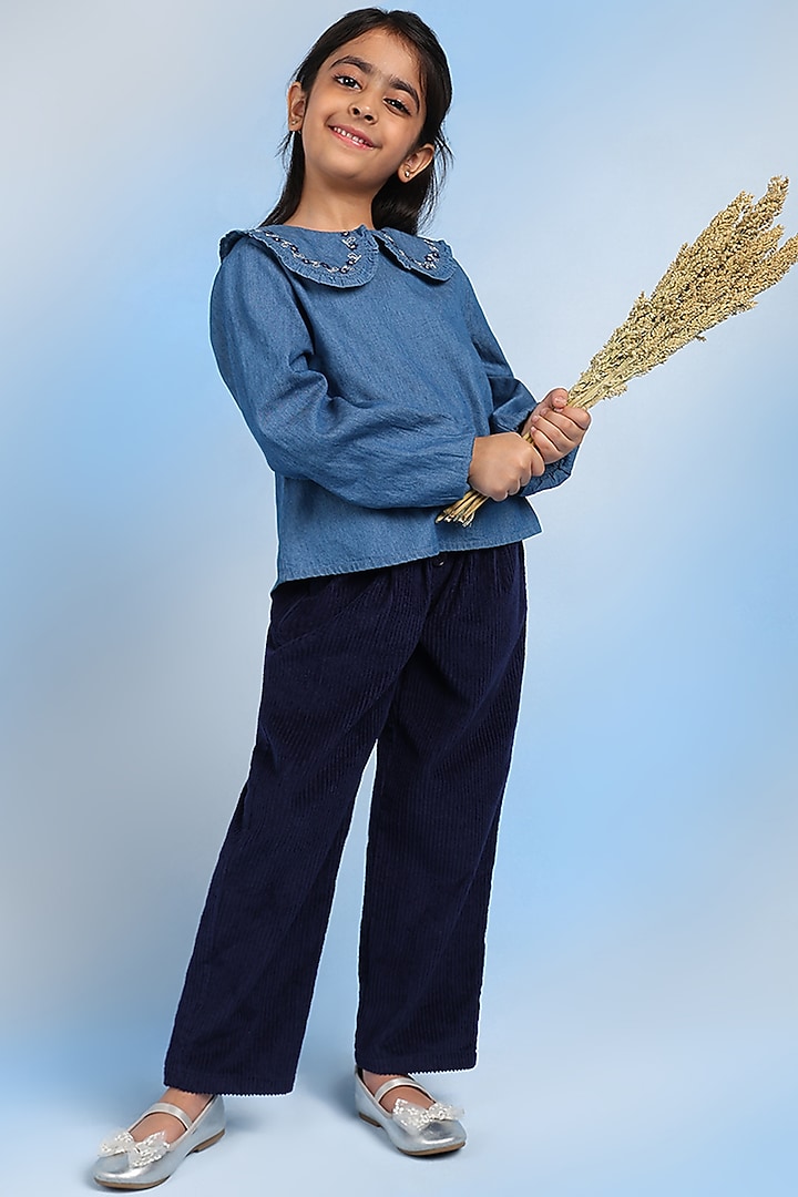 Blue Cotton Blend Gathered Pant For Girls by Tribe Kids at Pernia's Pop Up Shop