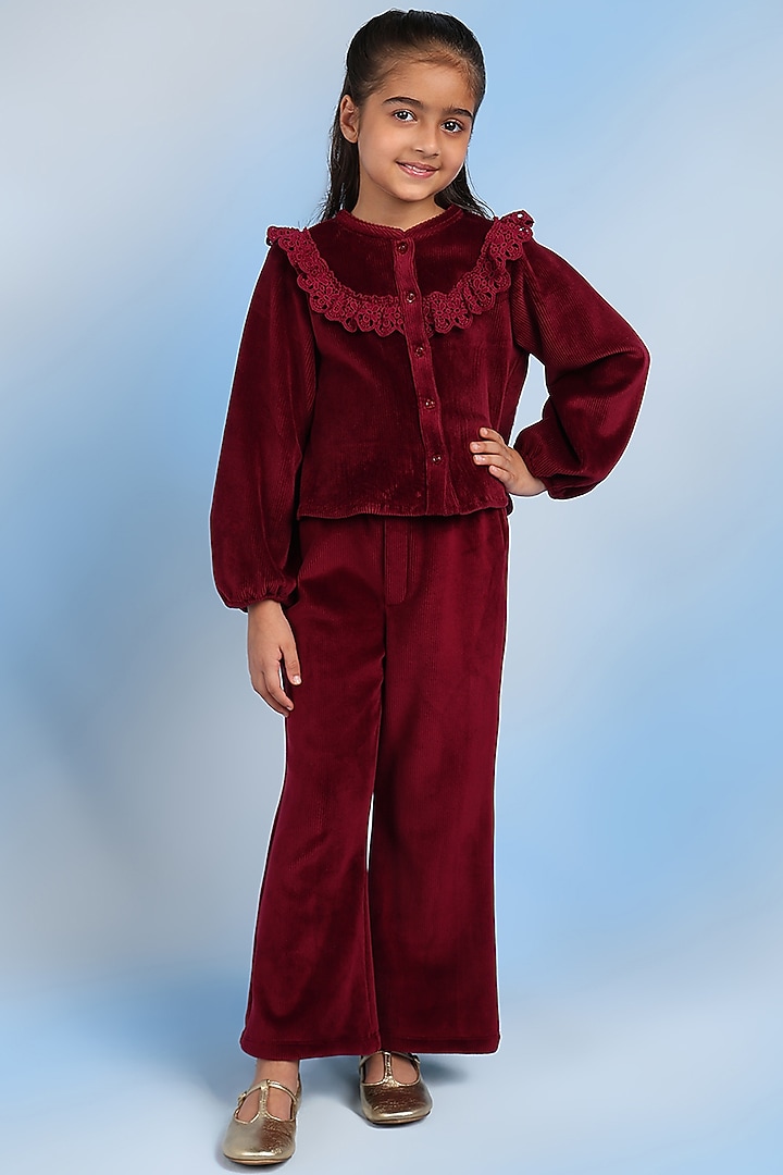 Burgundy Cotton Blend Gathered Pant For Girls by Tribe Kids at Pernia's Pop Up Shop