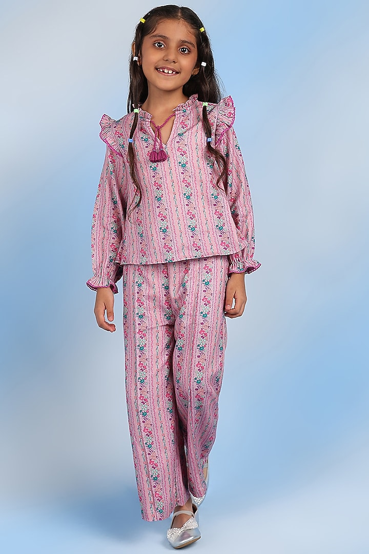 Pink Twill Floral Printed Pyjama Pant For Girls by Tribe Kids at Pernia's Pop Up Shop