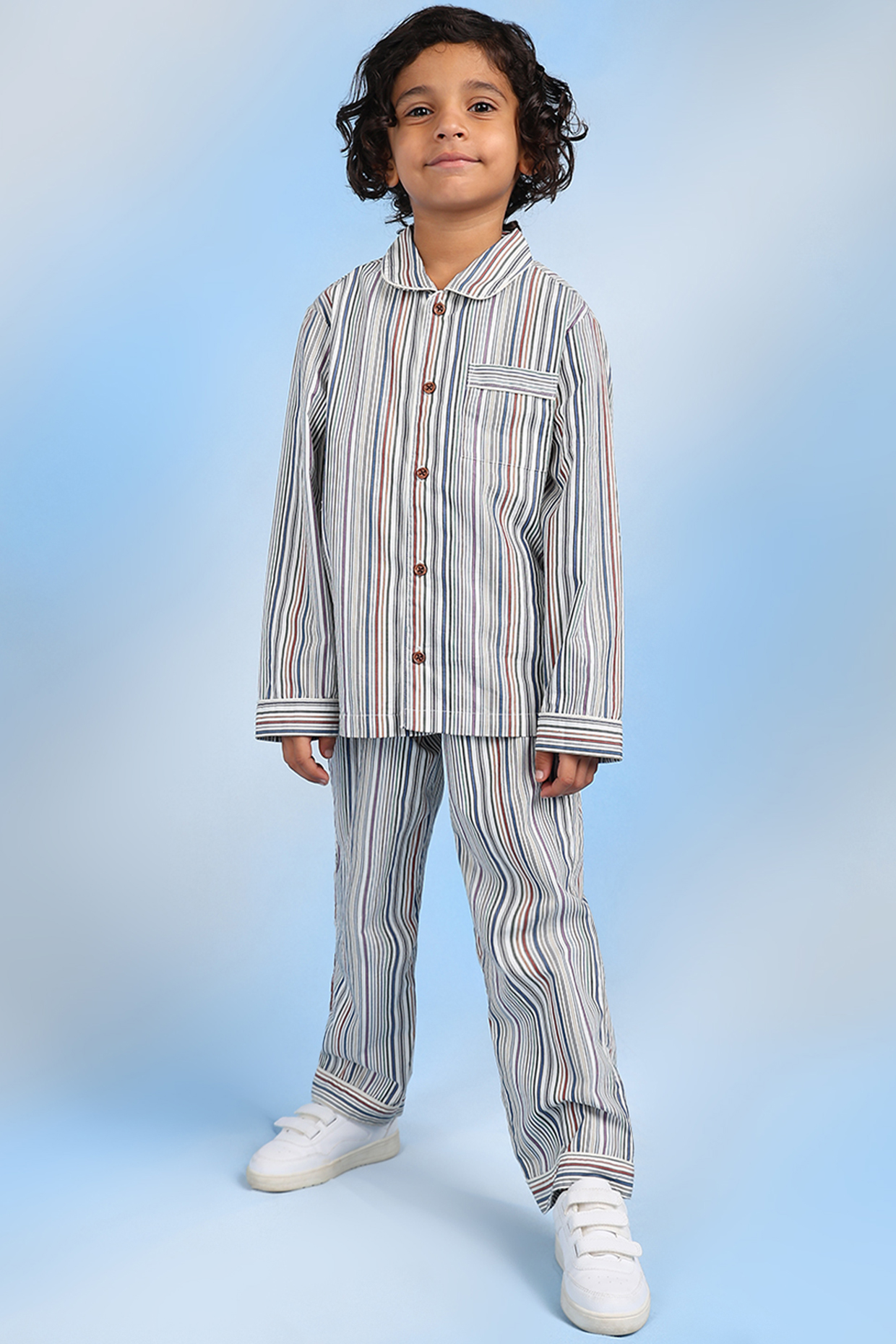 Multi-Colored Cotton Striped Printed Night Suit For Boys by Tribe Kids