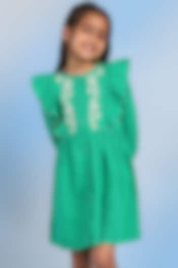 Green Corduroy Embroidered Knee-Length Flared Dress For Girls by Tribe Kids at Pernia's Pop Up Shop