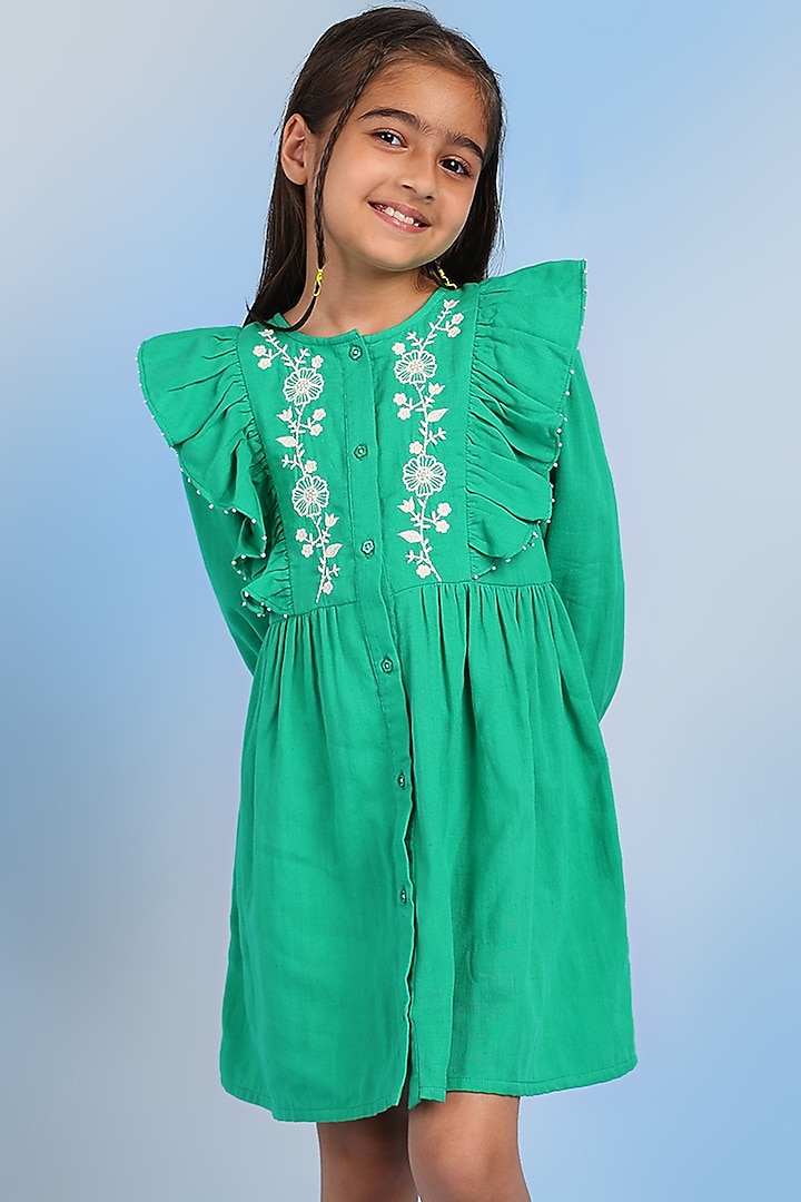 Green Corduroy Embroidered Knee-Length Flared Dress For Girls by Tribe Kids at Pernia's Pop Up Shop