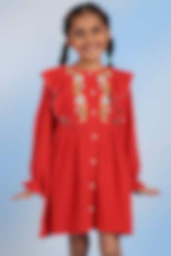 Red Corduroy Embroidered Knee-Length Flared Dress For Girls by Tribe Kids at Pernia's Pop Up Shop