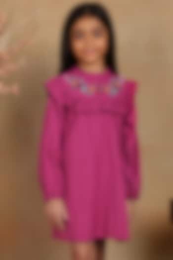 Pink Cotton Floral Hand Embroidered Frilled Dress For Girls by Tribe Kids at Pernia's Pop Up Shop