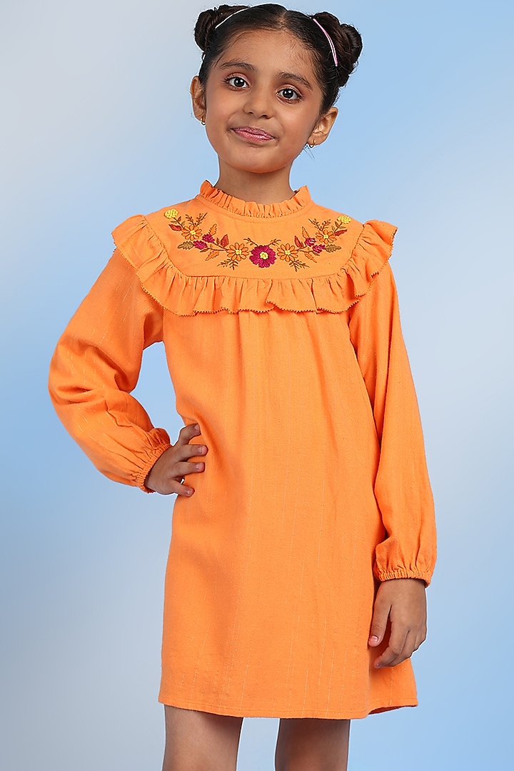 Orange Cotton Floral Hand Embroidered Frilled Dress For Girls by Tribe Kids at Pernia's Pop Up Shop