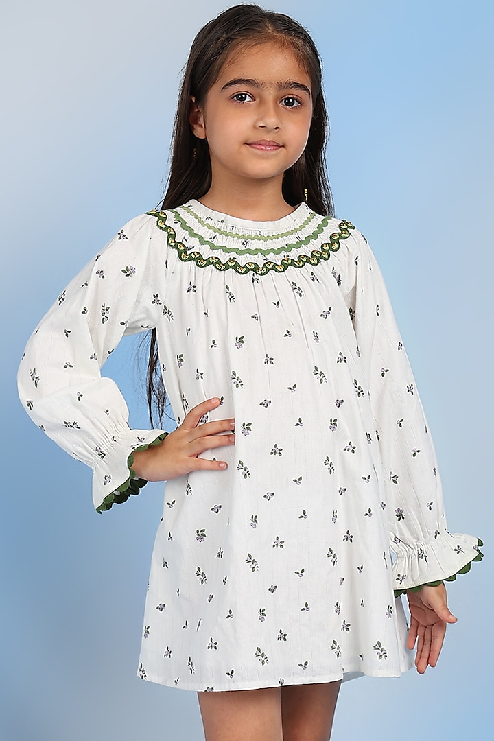 White Cotton Floral Printed A-Line Dress For Girls by Tribe Kids at Pernia's Pop Up Shop