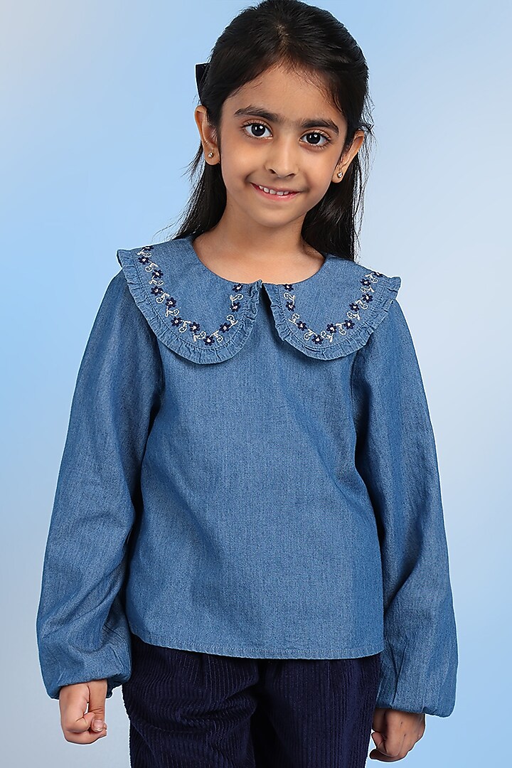 Denim Blue Denim Floral Motifs Embroidered Top For Girls by Tribe Kids at Pernia's Pop Up Shop