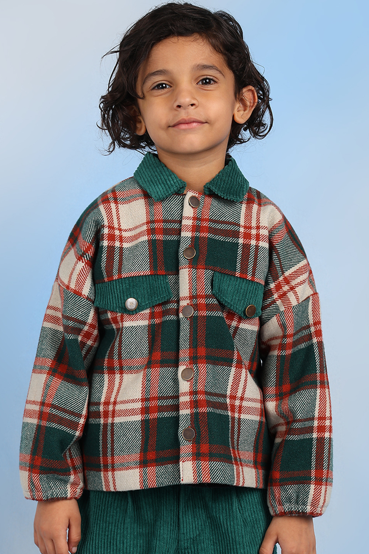 Green & Beige Cotton Jacket For Boys by Tribe Kids