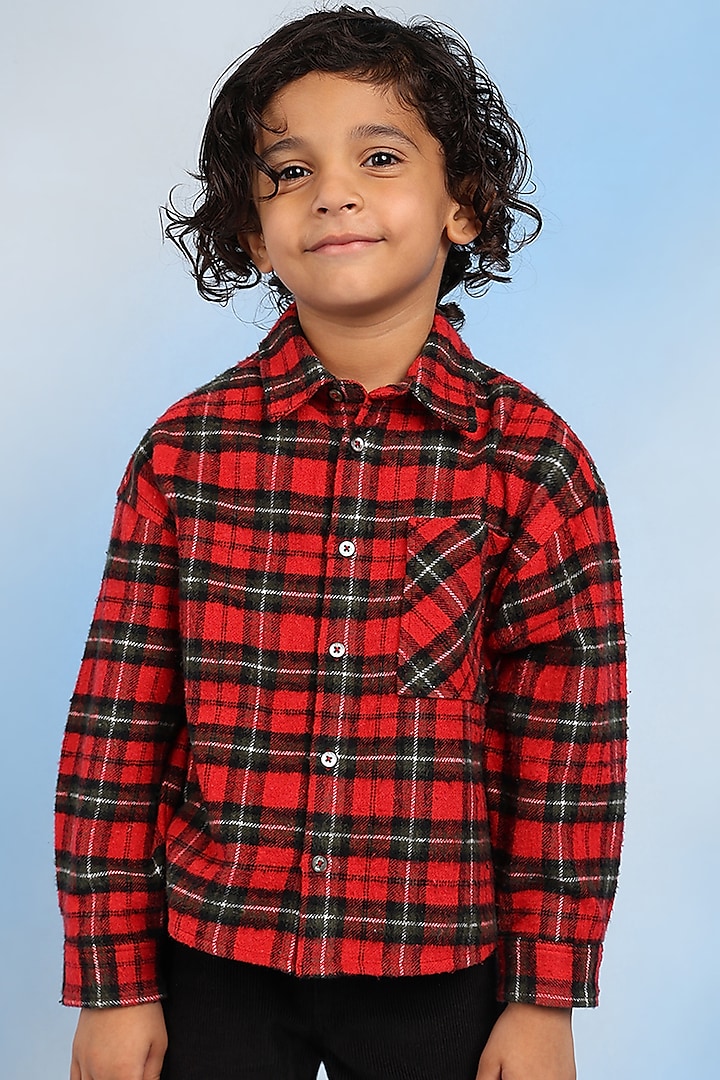 Red & Green Cotton Shirt For Boys by Tribe Kids at Pernia's Pop Up Shop