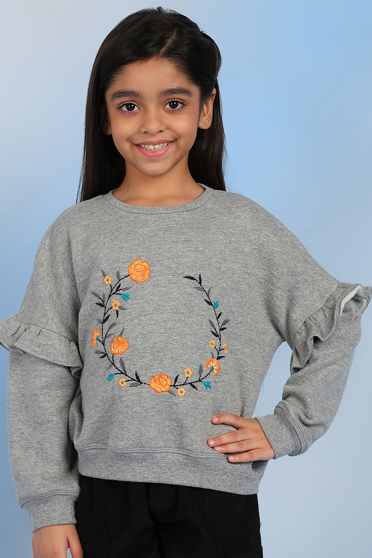 Grey Cotton Embroidered Sweatshirt For Girls by Tribe Kids at Pernia's Pop Up Shop