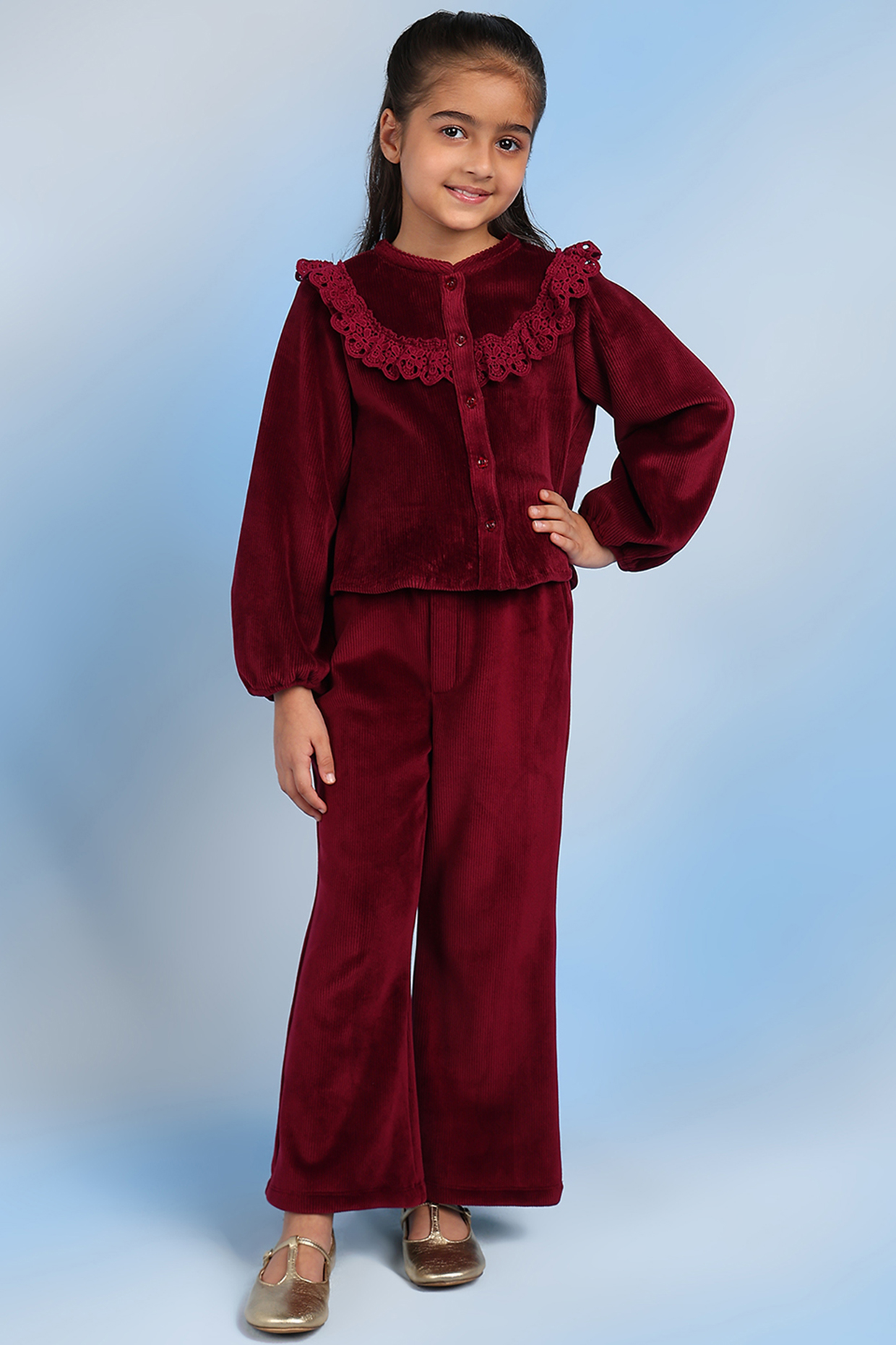 Maroon Cotton & Corduroy Lace Top For Girls by Tribe Kids at Pernia's Pop Up Shop