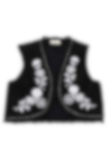 Black Cotton Embroidered Sleeveless Waistcoat For Girls by Tribe Kids at Pernia's Pop Up Shop