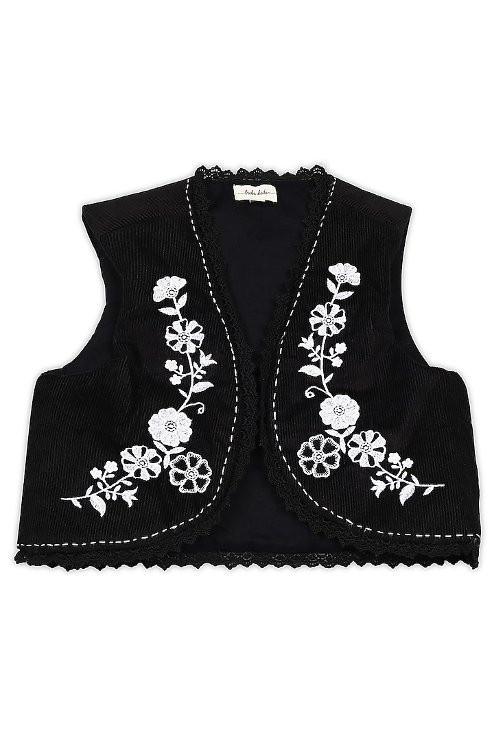 Black Cotton Embroidered Sleeveless Waistcoat For Girls by Tribe Kids at Pernia's Pop Up Shop