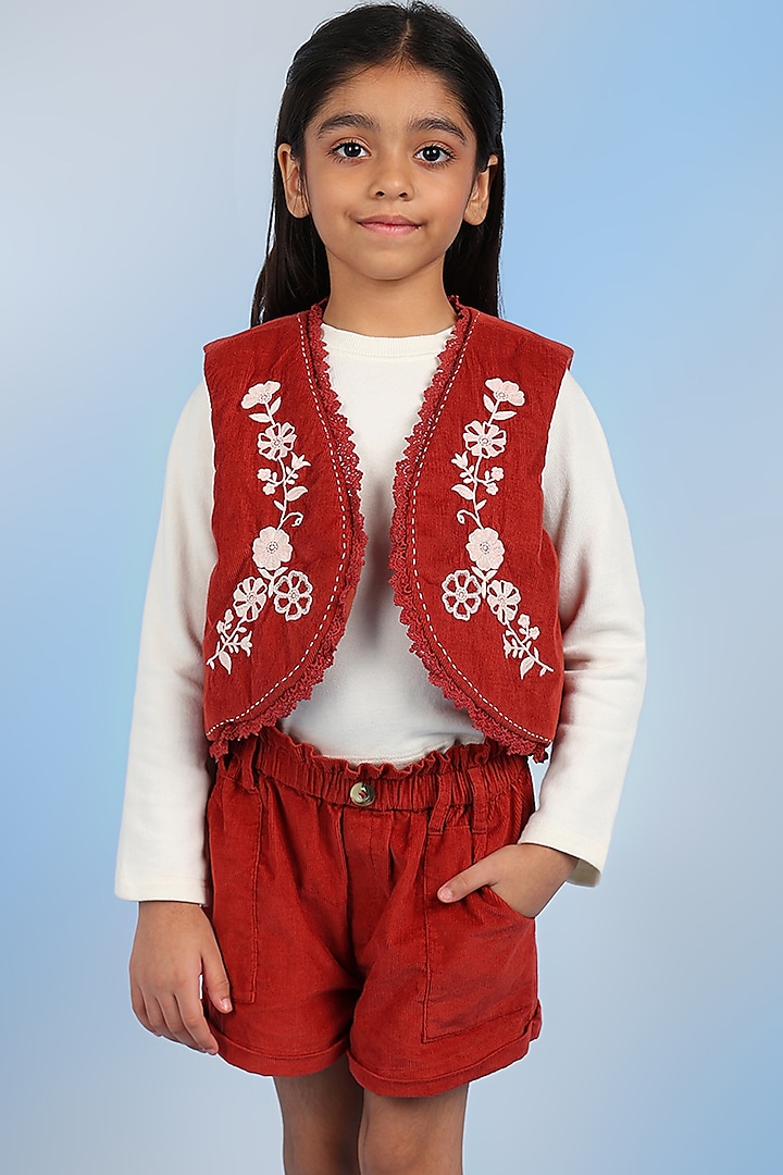 Rust Cotton Embroidered Sleeveless Waistcoat For Girls by Tribe Kids at Pernia's Pop Up Shop