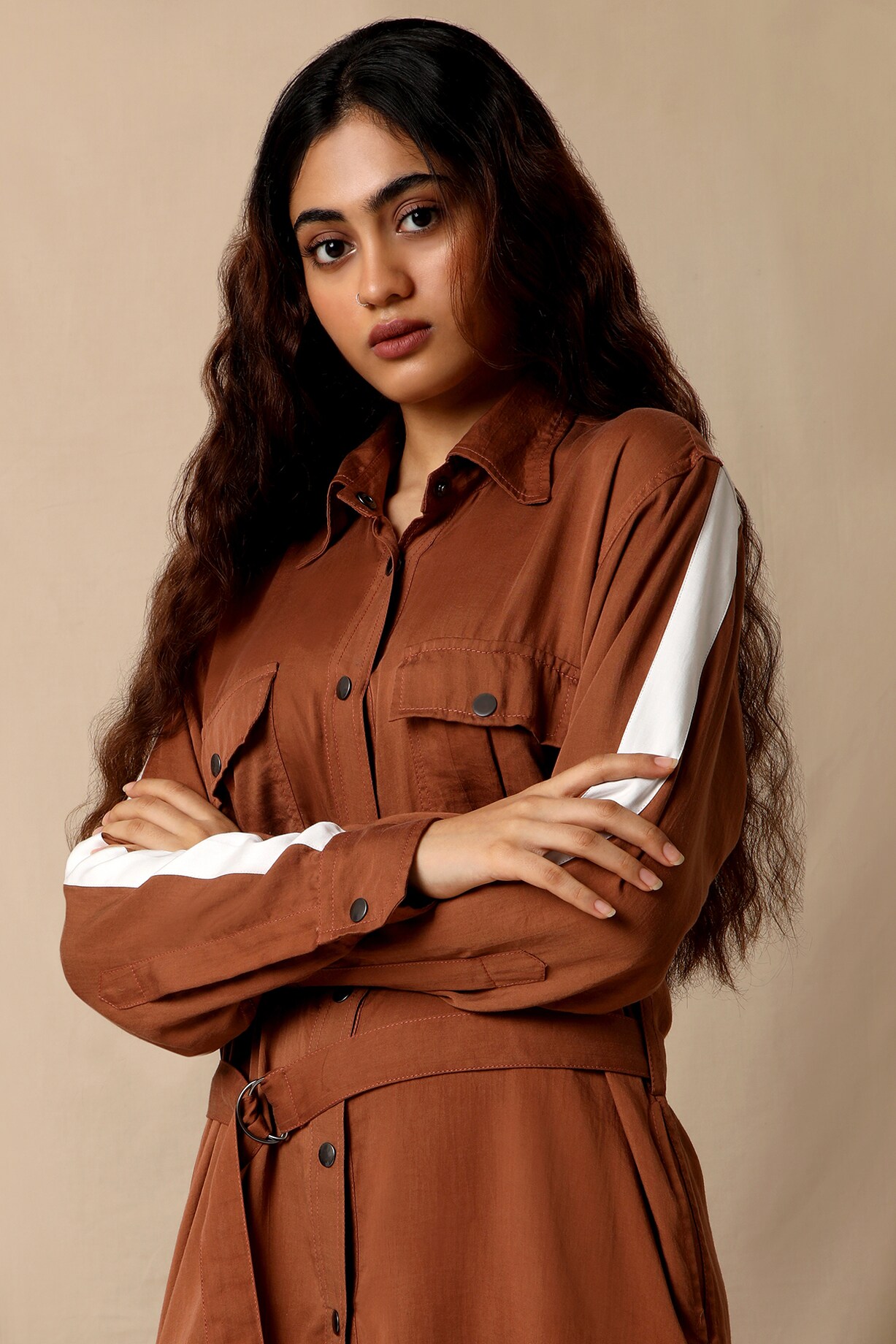chinese dress ladies Brown Midi Shirt Dress With Gold Buttons EDITH main image 0