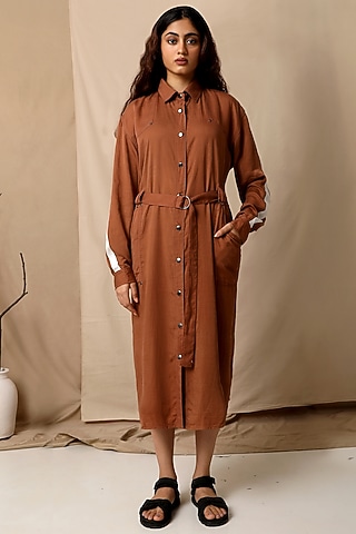 Copper Brown Shirt Dress With Belt by The Terra Tribe