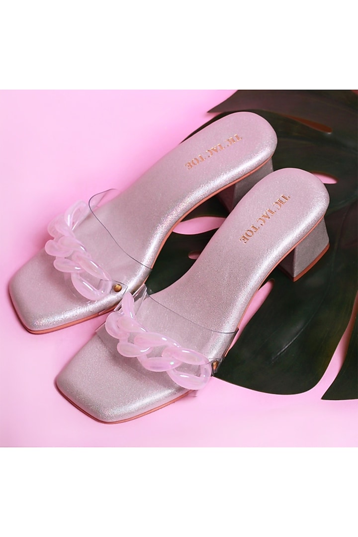Silver Vegan Leather Sliders by Tic Tac Toe at Pernia's Pop Up Shop